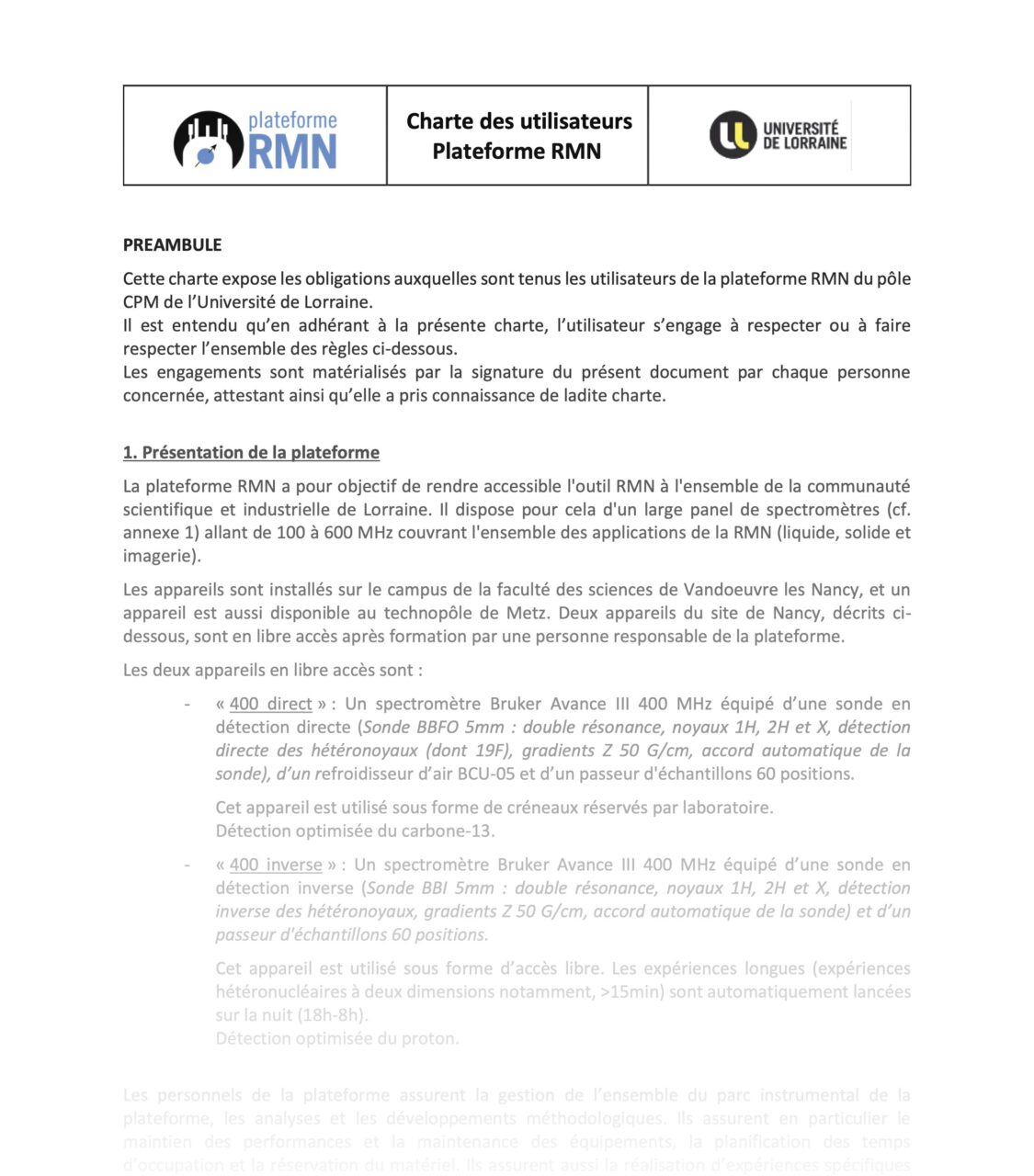 First page of the platform’s users charter.